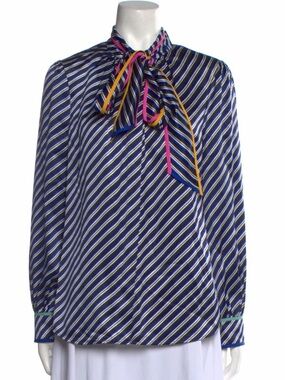 Tory Burch Navy Striped Tie-Neck Blouse with Pink & Yellow Trim